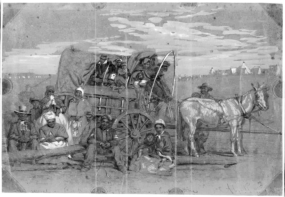 "Contrabands coming into camp" by Alfred R. Waud. Library of Congress (altered and enhanced)
